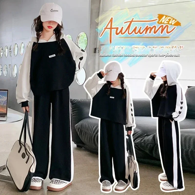 

Autumn Teenage Girl Clothes Hoodies Pullover Top and Side Stripe Pant Set Children's Girls Hooded Tracksuit 2 Pieces Outfits