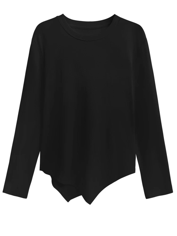 [EAM] Women Black White Brief Irregular Hem Casual T-shirt New Round Neck Long Sleeve Fashion Tide Spring Autumn 2024