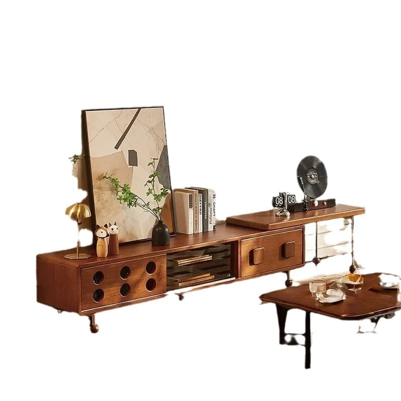 

Medieval telescopic TV cabinet small apartment solid wood storage cabinet combination French light luxury retro living room home