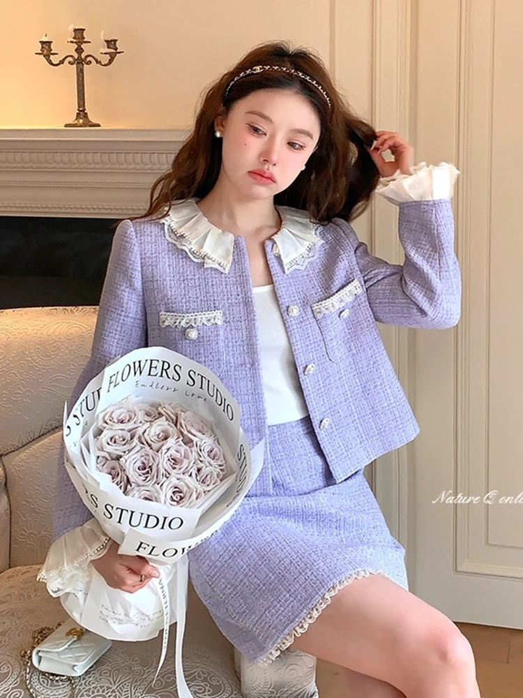 Fashion Sweet Chic Tweed 2 Two Piece Sets Women Long Sleeve Short Jacket Coat + Mini Skirt Suits Autumn Winter Women Outfits