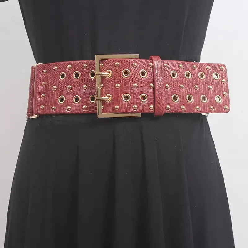 Women's Runway Fashion Rivet Elastic PU Leather Cummerbunds Female Dress Corsets Waistband Belts Decoration Wide Belt R155