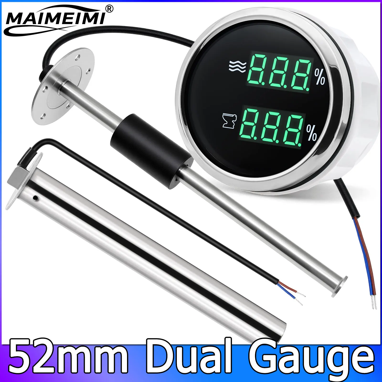Fuel Float Level Sensor 0-190ohm Stainless Steel 100mm - 500mm 52mm Dual Gauge Water / Sewage Level Meter 2 In 1 with Alarm