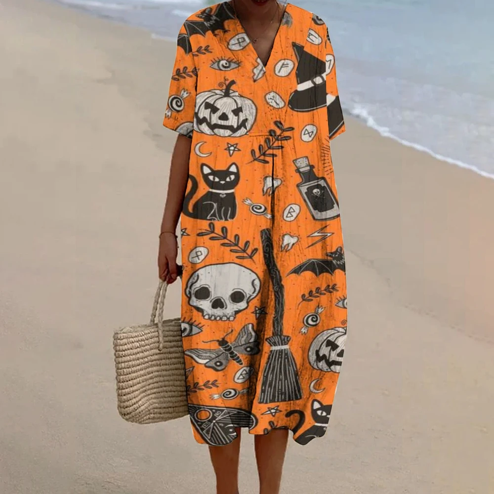 

Halloween Theme Orange Women's Print Flowy Dress Spooky Charm Orange Jack-o'-Lanterns Bats Outfit Stylish Beach Ready Traf