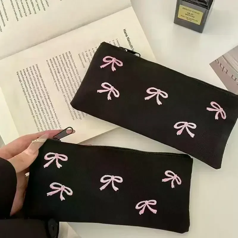 Black Canvas Pencil Pouch With Cute Pink Bow Embroidery Large Capacity For Students Stationery Storage