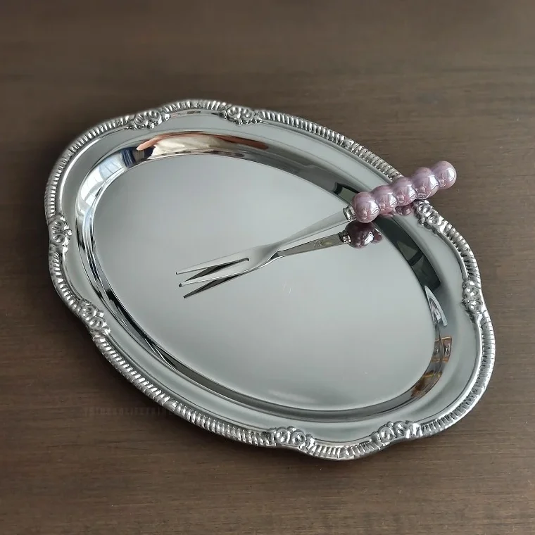 Vintage Embossed Stainless Steel Tray Serving Platter For Desserts Jewelry Storage Organizer Snack Plate Dining Table Decoration