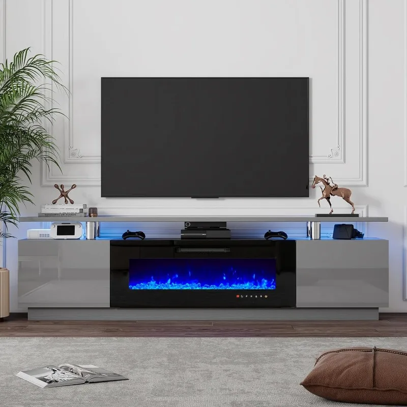 

80 Fireplace TV Stand, Modern LED Entertainment Center with 40" Electric Fireplace, High Gloss Finish Media Console with Storage