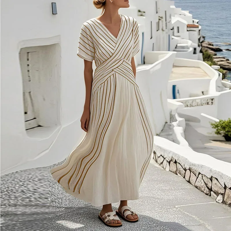 Boho Style Striped Print Patchwork Long Dresses 2025 Spring Sexy V Neck Women Party Dress Summer Short Sleeve Loose Maxi Dresses