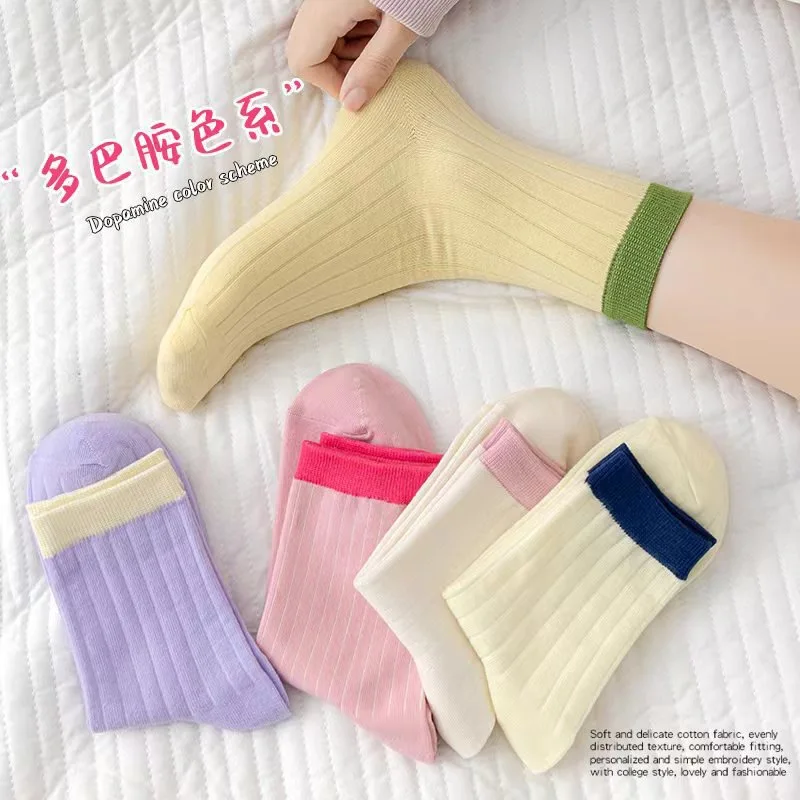 Sweet Style Dopamine Color-Block Striped Socks for Women Summer Thin Rainbow Student SocksinsMid-Calf Socks Casual Socks