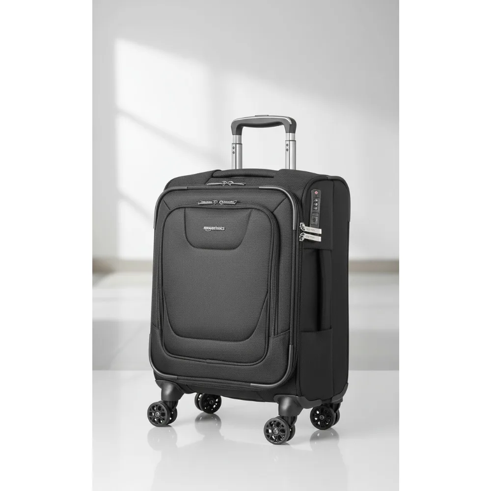 

20" Softside Spinner Luggage with TSA Lock, 8 Wheels, Multiple Pockets for Organized Travel, Black Carry-On Suitcase