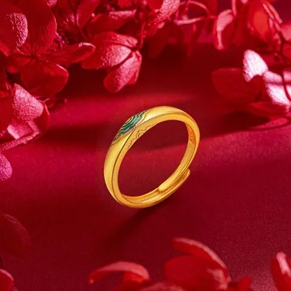 Ancient 24K gold ring National trend Qianli Jiangshan AU999 gold ring blue burning crafts couple