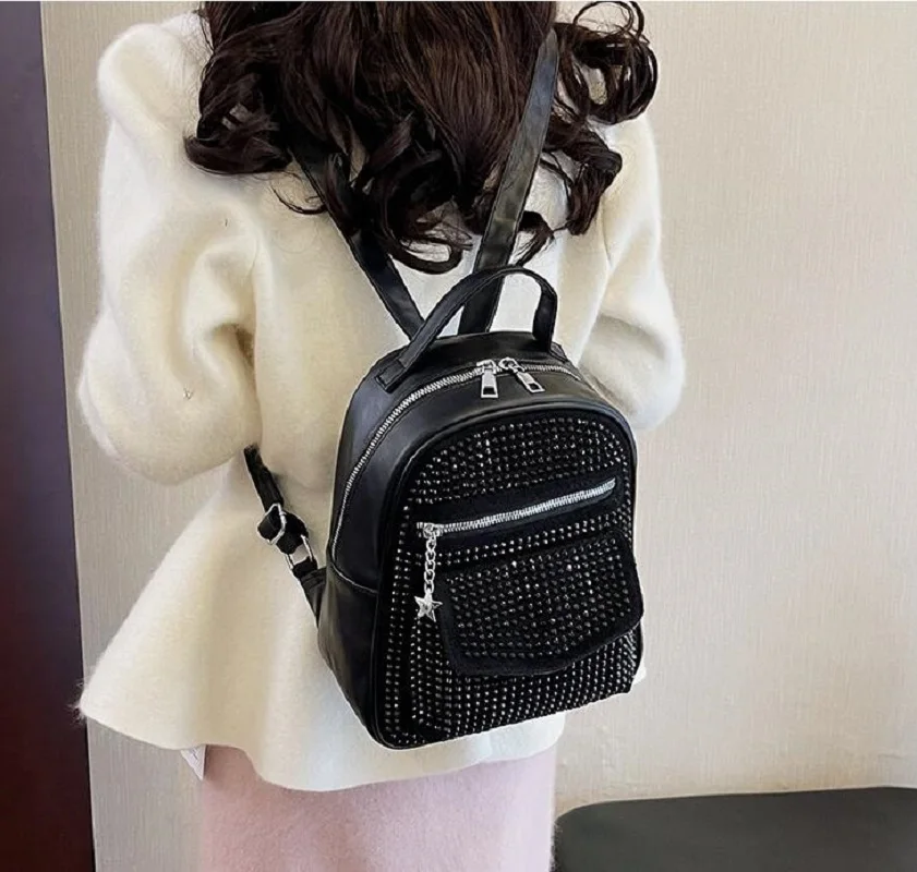 Hot Sale New Fashion Bright Diamonds Leather Backpacks Women Casual Travel Small Backpack Shoulder Bags Crossbody Bag Totes