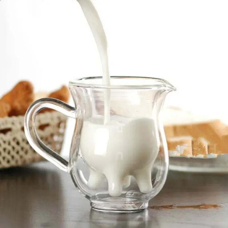 Creative Cow Double Layer Glass Creamer Cup 250ml Lovely Milk Jug Juice Tea Coffee  Clear  Mug  Frother Pitcher