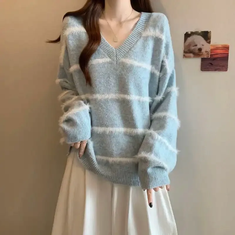 

Осенне-зимний женский корейский стиль, полосатый свитер с цветными блоками, свитер с v-образным вырезом, свободный пуловер, нижняя рубашка, топ