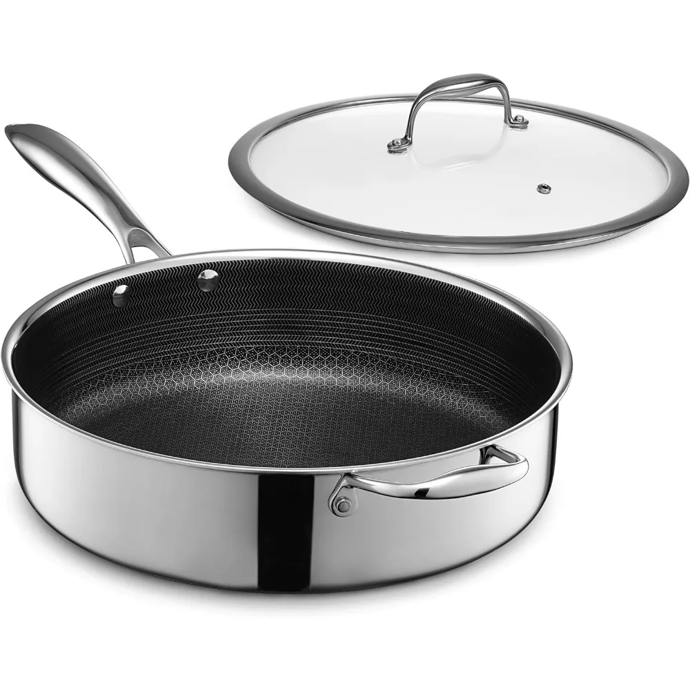 Hybrid Nonstick 5.5 Qt Deep Sauté Pan and Lid, Dishwasher and Oven-Safe, Induction Ready, Compatibl