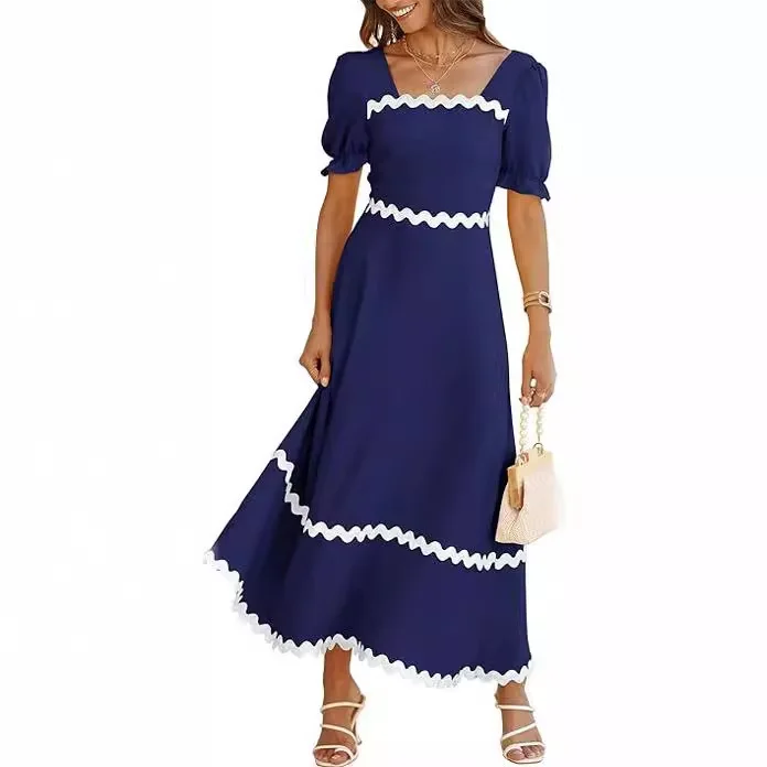 

Elegant Ladies Square Collar Maxi Long Dresses Party Summer 2025 Women Short Puff Sleeve Casual Pleated Dress Vestidos de Mujer