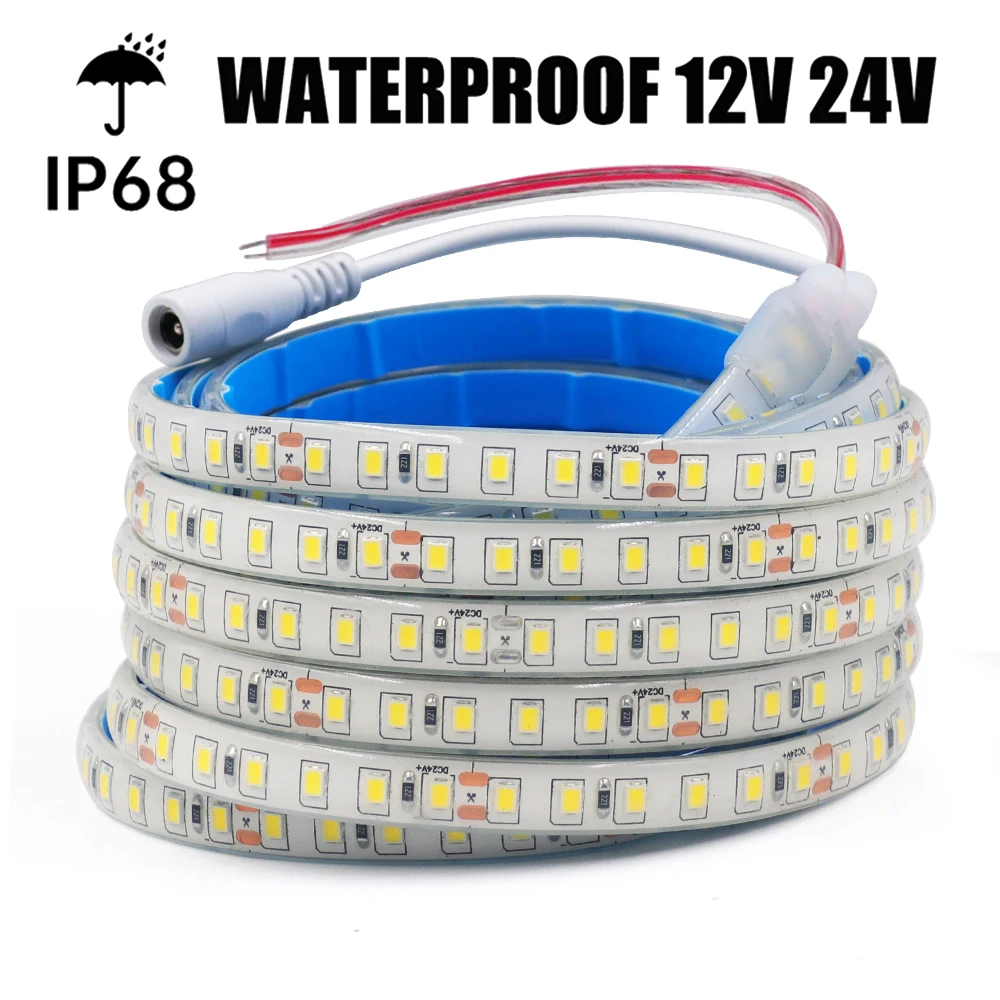 IP68 Waterproof LED strip Light 12V 24V 2835 120Leds Flexible LED Tape with Adhesive Underwater Outdoor Swimming Pool 0.5-20M