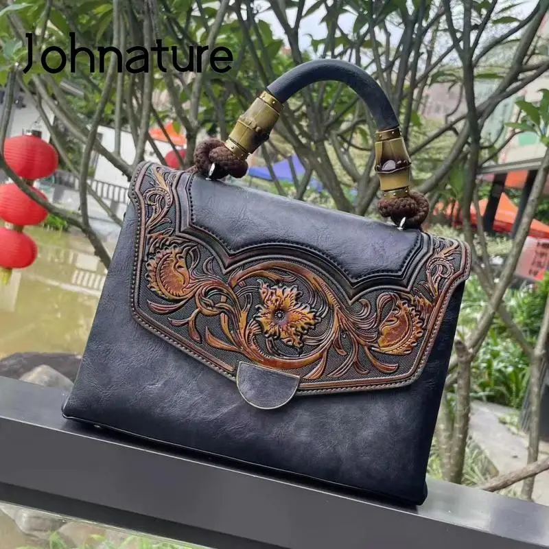 Johnature 2024 New Autumn Vintage Embossed Handbag Versatile Leather Women Bag Large Capacity Handmade Shoulder & Crossbody Bags