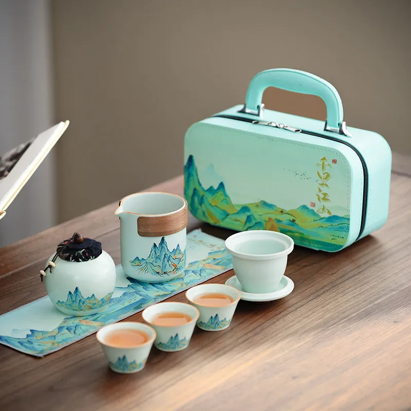 Portable Travel Tea Set Ceramic Gongfu Quick Tea Cup Kit Outdoor Camping Hiking Chinese Style Gift Box with 1 Teapot 3 Cups