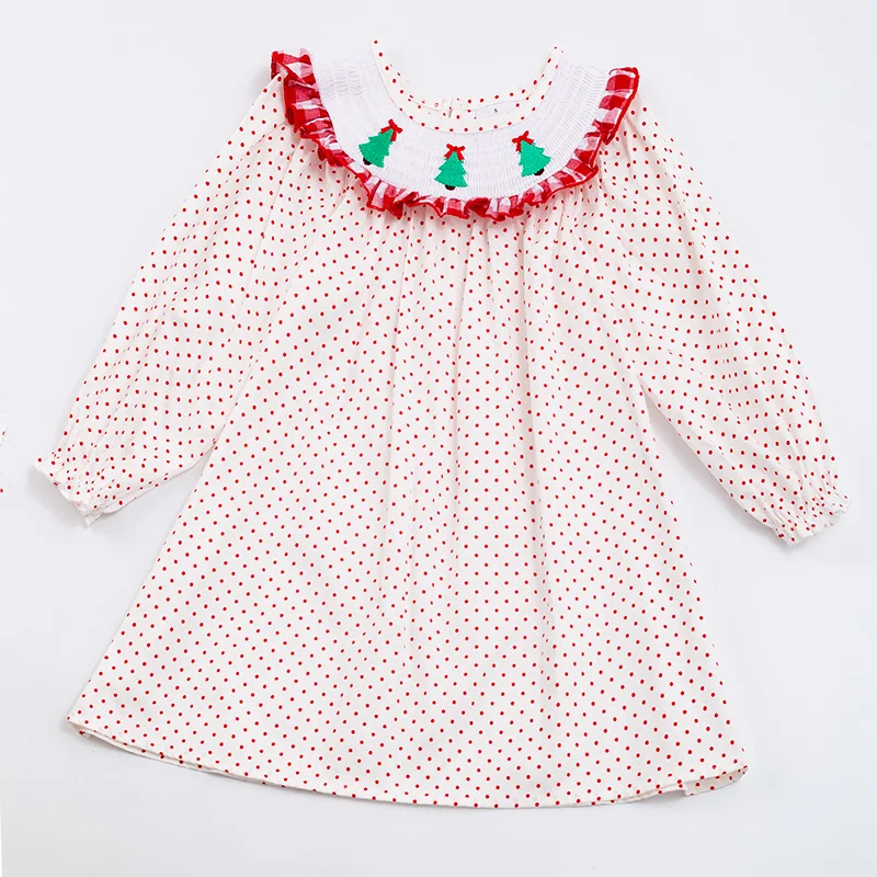 Girlymax Winter Christmas Tree Smocked Dots Baby Girls Kids Children Clothes Twirl Knee Length Long Sleeve Dress