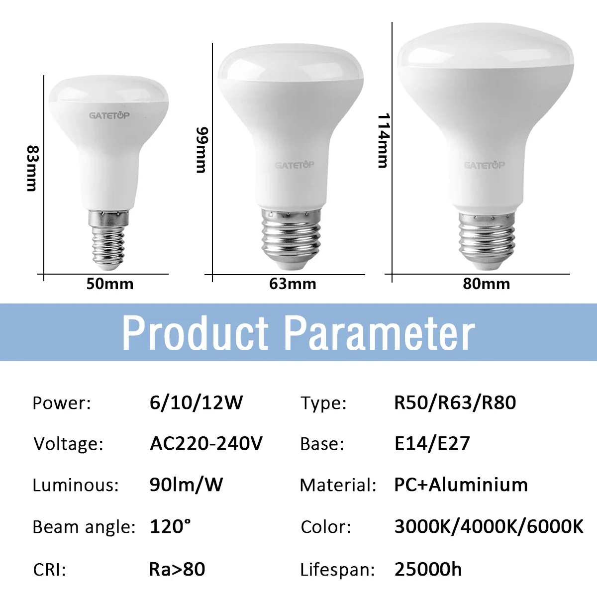 1-10 Pack R50 R63 R80 E14 E27 R Bulb Bathroom Light 6W 10W 12W High Lumen 3000K 4000K 6000K Natural Light for Bathroom Home