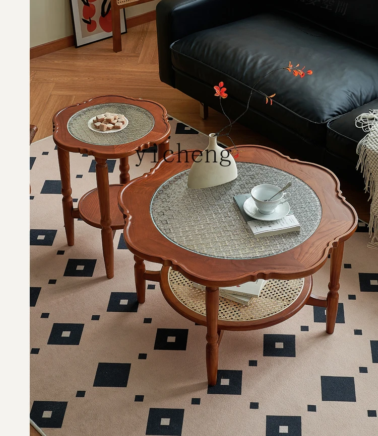 Tqh Vintage Coffee Table Solid Wood Rattan Flower round Glass Living Room Simple Modern