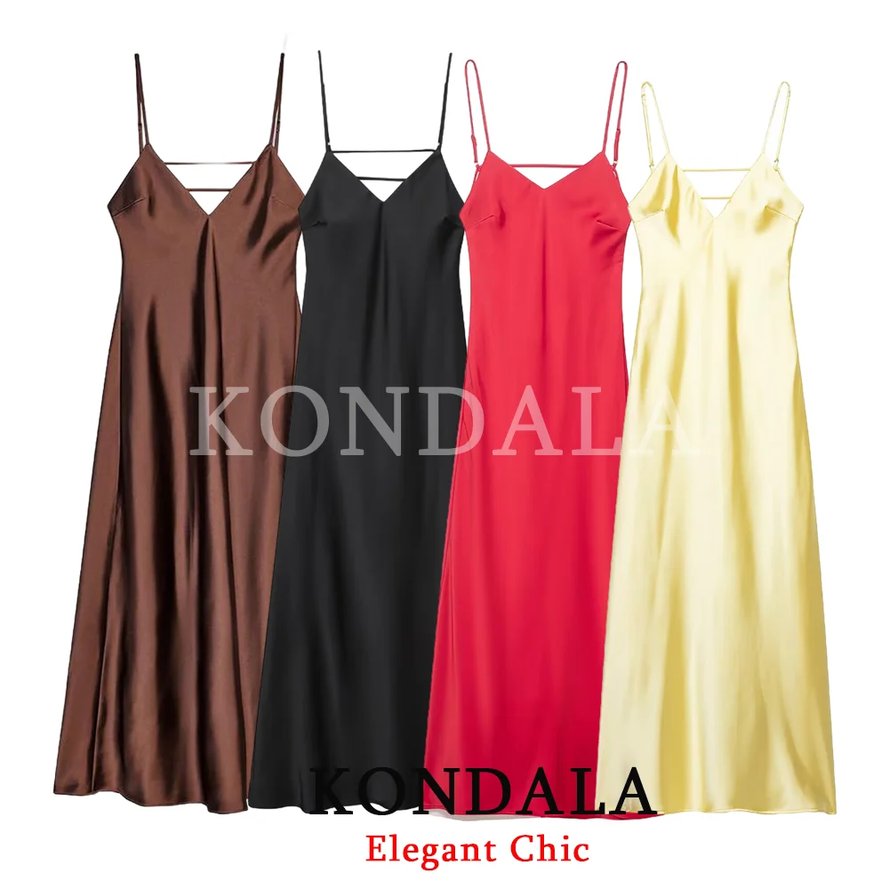 Kondala senhora na moda sexy cetim cami vestido sem costas magro vestido longo 2026 primavera verão férias jantar festa senhora suspender vestido
