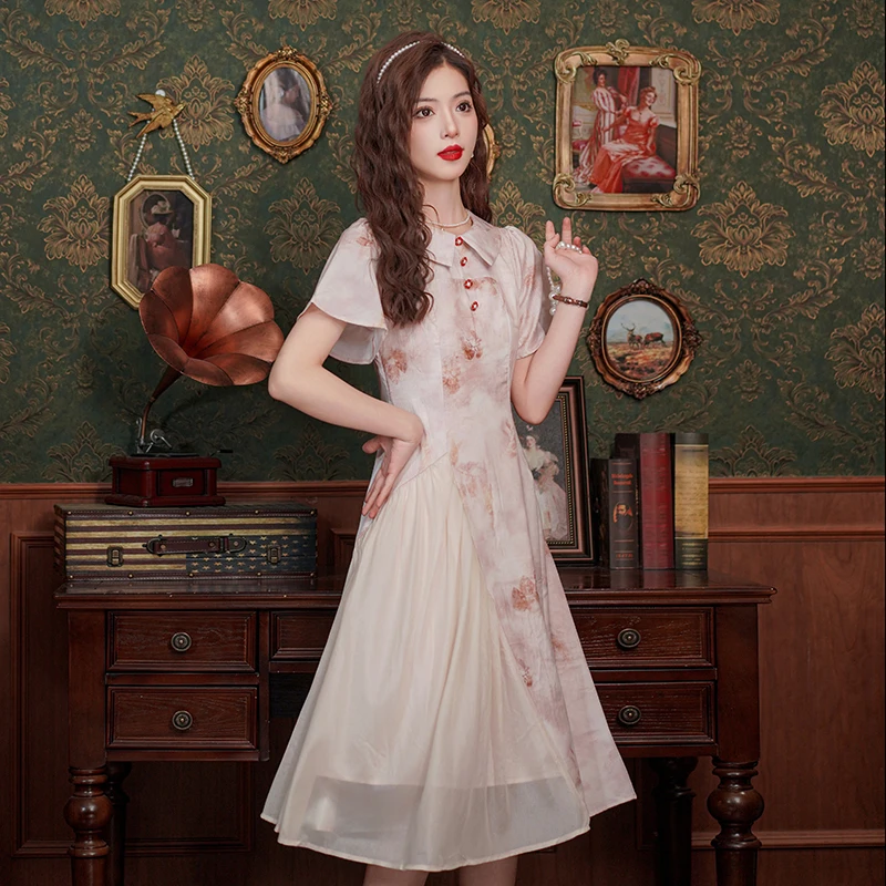 Neue chinesische Sle Kragen gedruckt A-Linie Dr Frauen Sommer 2024 hohe Taille Plissee Kleid Ele Dame Rock