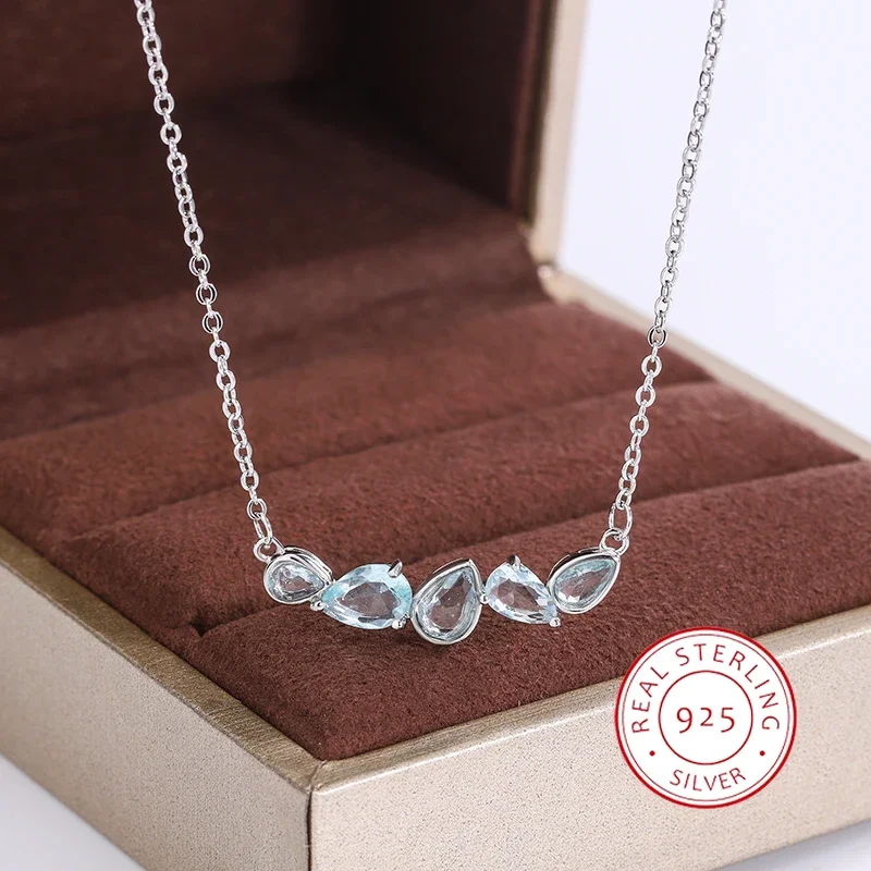 Simple Blue Zircon Pendant Fashion 925 Stamp Necklace for Women Smile Clavicle Chain Choker Necklace Diamond Necklace