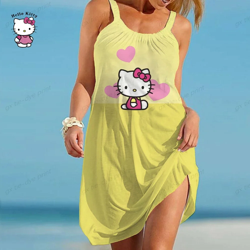 Hello Kitty Print Mouwloze Jurk Vrouwen Vakantie Strand Mini Hawaiiaanse Jurk Boho O Hals Casual Mode Slanke Losse Jurken 2023