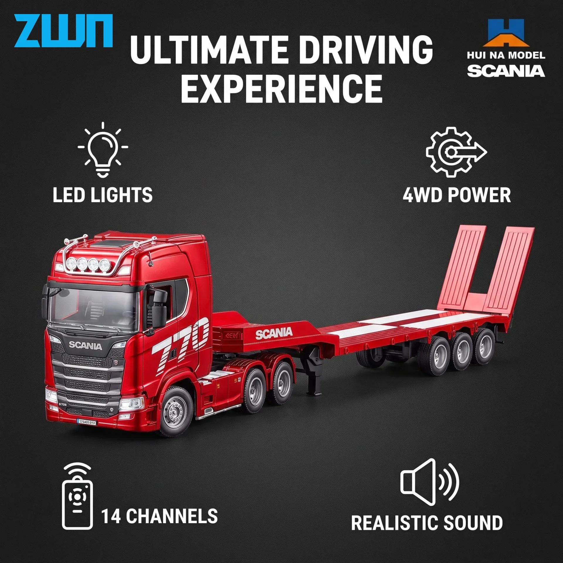 HUINA 1302A 1:24 RC Tractor Truck With Lights & Sound 14CH 4WD Heavy-duty Truck Alloy Heavy Truck Trailer Model Toy For Kid Gift