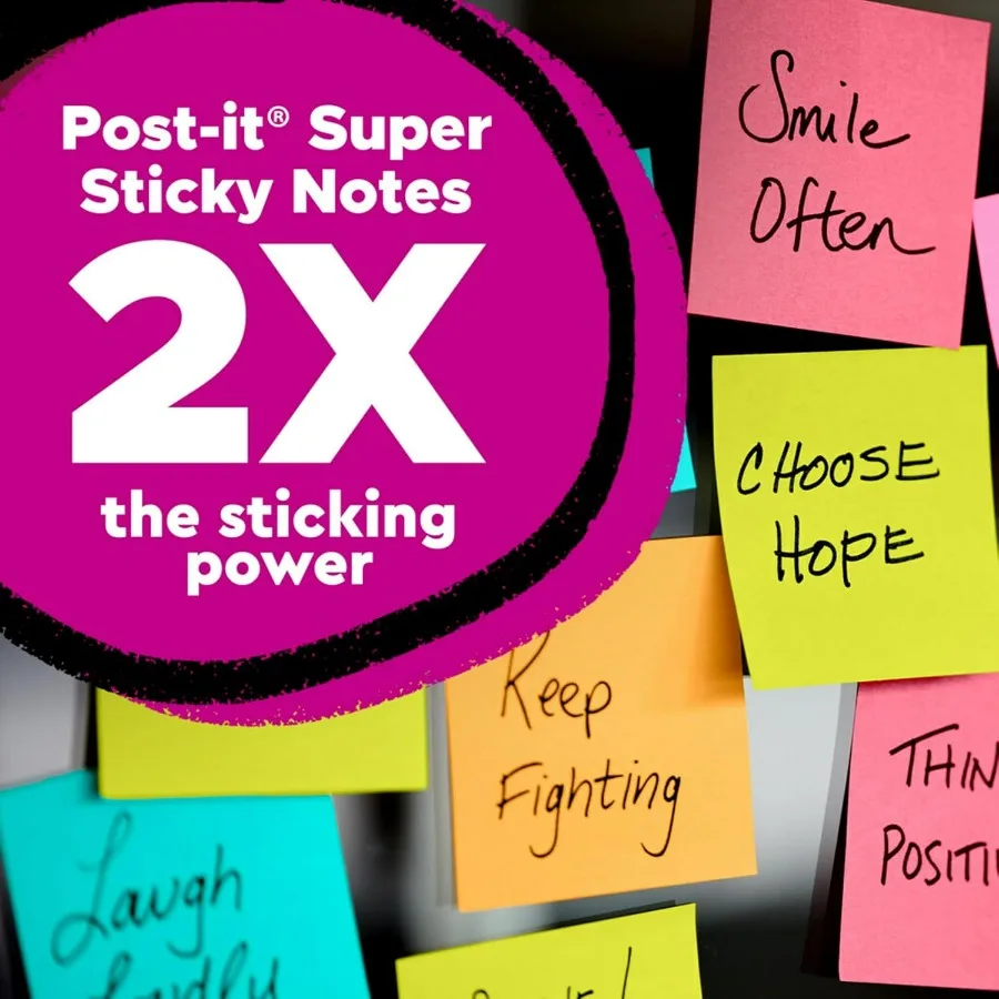 Super Sticky Notes 3x3 in 12 Pad 2X The Sticking Power Supernova Neons Colori vivaci riciclabili per l'ufficio e l'uso domestico Miglioratore