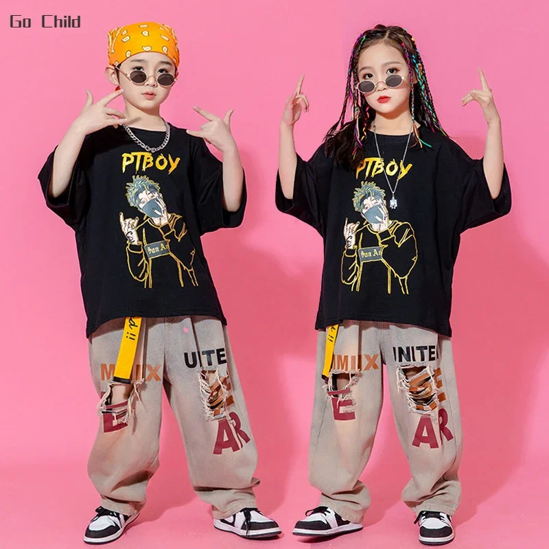 Boys Streetwear Street Dance CartoonT-shirt Ripped Jeans Girls Hip Hop Clothes Sets Kids Jazz Loose Denim Pants Outfits Costumes