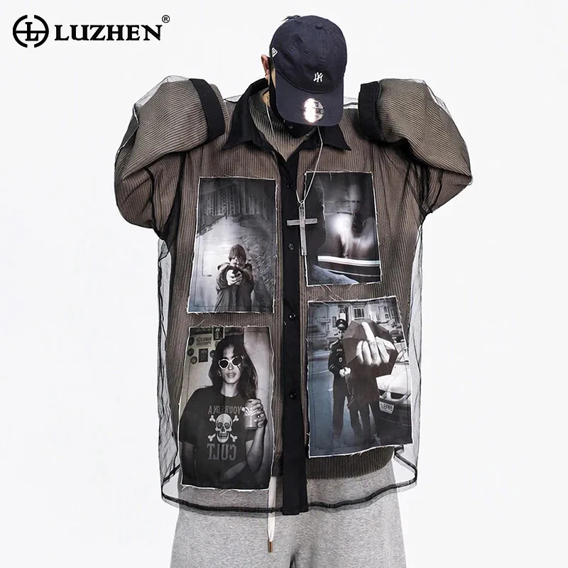 LUZHEN 2026 Autumn Patchwork Printed Pattern Gauze Double Layer Loose Shirt Coat Men's Fashion Hip -hop Style Male Jacket JY9023