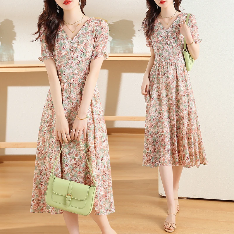 

2023 summer new v-neck floral mid-length dress summer women show thin temperament gentle wind and snow spinning A-line skirt