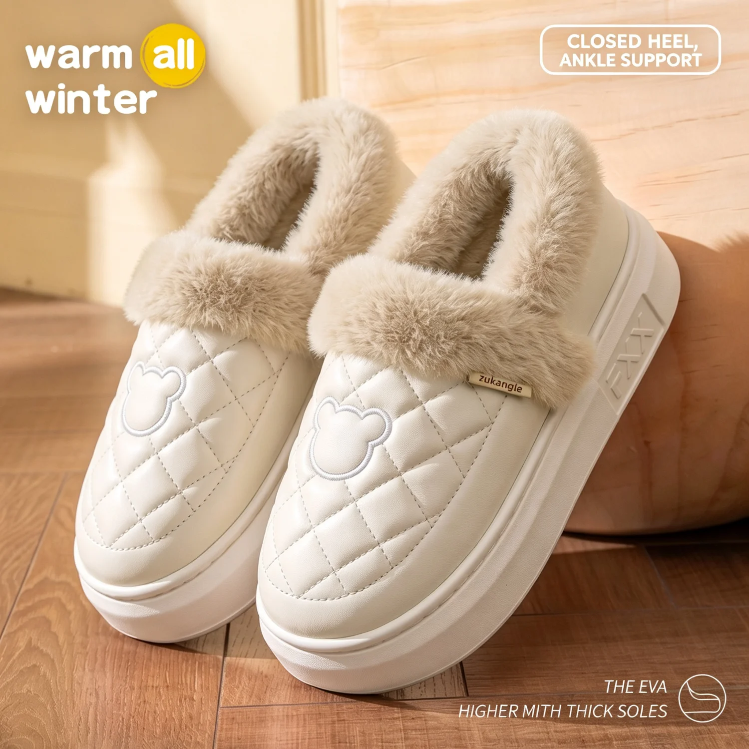 Winter-Wasserdichte Hausschuhe für Damen und Herren, mit dicker Sohle, warmem Plüschfutter, Bärenstickerei, rutschfest, weich, elastisch, für den Innenbereich. – Detail 15
