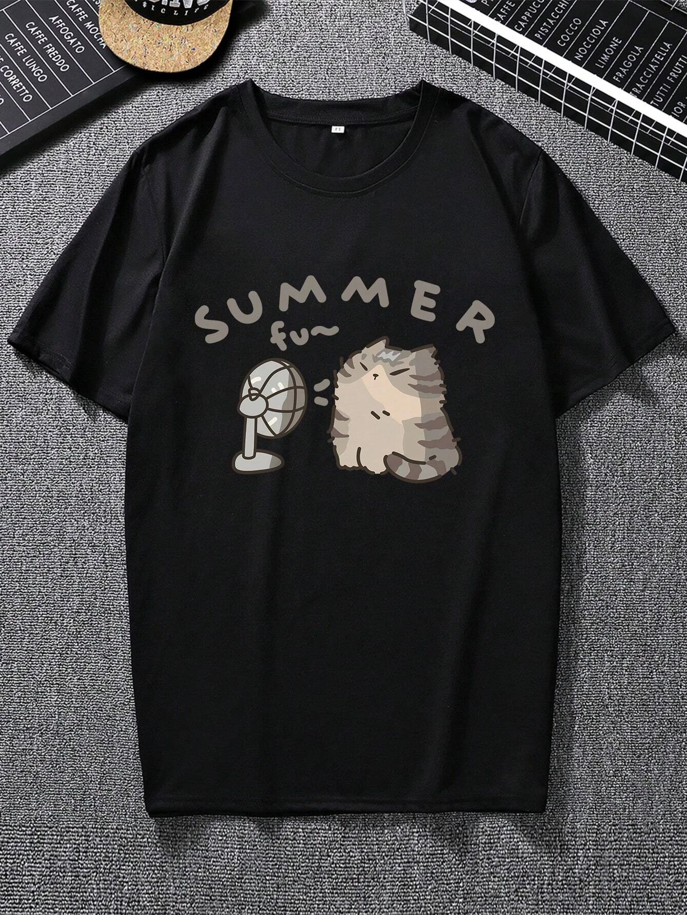 Mens Summer Cartoon Cat Printed Round Neck Oversized Short Sleeve Casual T-Shirt graphic t shirts graphic t shirts shirts