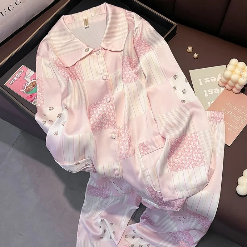 Women's Long Sleeved Long Pants Mulberry Silk Pajamas Set Casual Lightweight Loungewear Autumn Winter Spring Summer Sweet XL