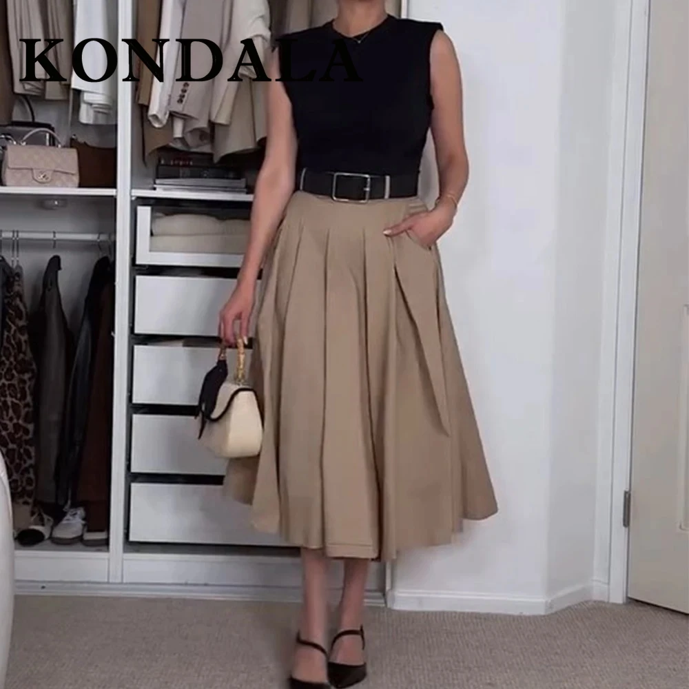 KONDALA Chic 2025 Summer Elegant Women Patchwork Dress Sashes Sleeveless Draped Mujer Vestidos O-Neck Zipper Long Fashion Dress
