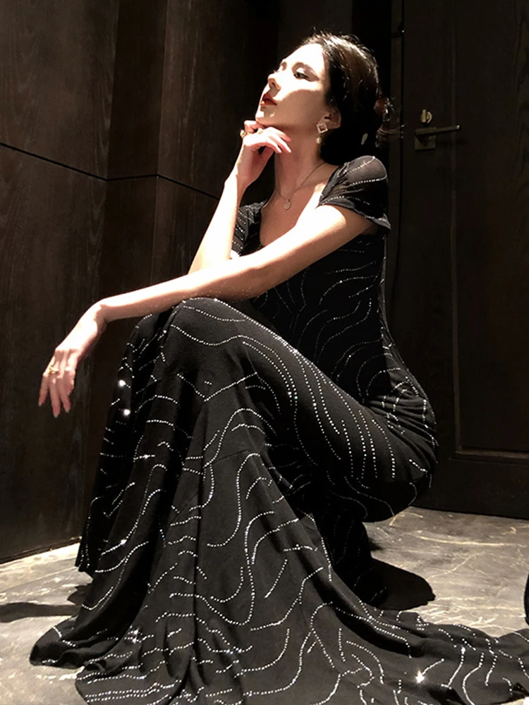 French Style Elegant Party Dress Women Celebrity Fashion Black Bright Rhinestone Long Fishtail Robe Female Evening Prom Vestidos