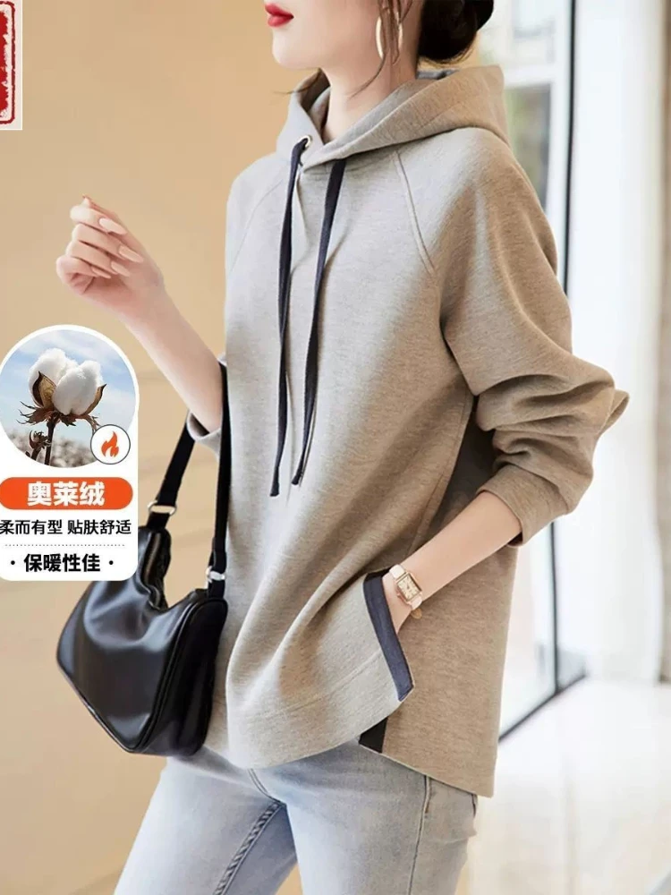 Y2K Plush Hoodies For women Light luxury Hip-hop Loose Vent Hoodies Casual Harajuku Grey Stitching Long Sleeve Pullover