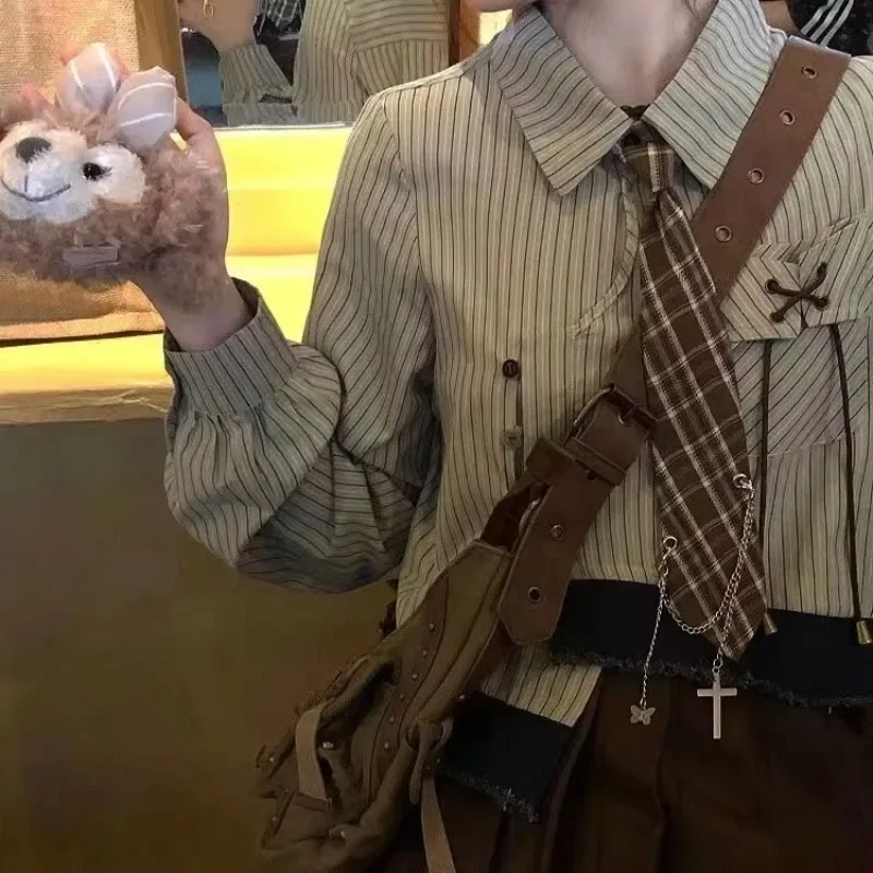 QWEconvex-Chemises courtes rayées vintage avec cravates, chemisier irrégulier à manches longues, vêtements patchwork pour jeunes, style japonais