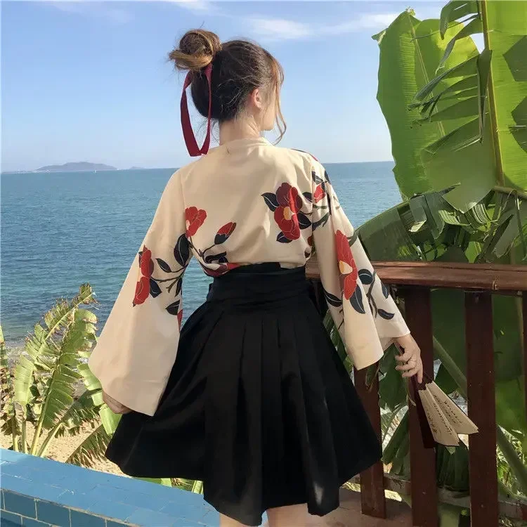 Kimono Sakura Girl Japanese Style Floral Print Vintage Dress Woman Oriental Camellia Love Costume Haori Yukata Asian Clothes images - 6