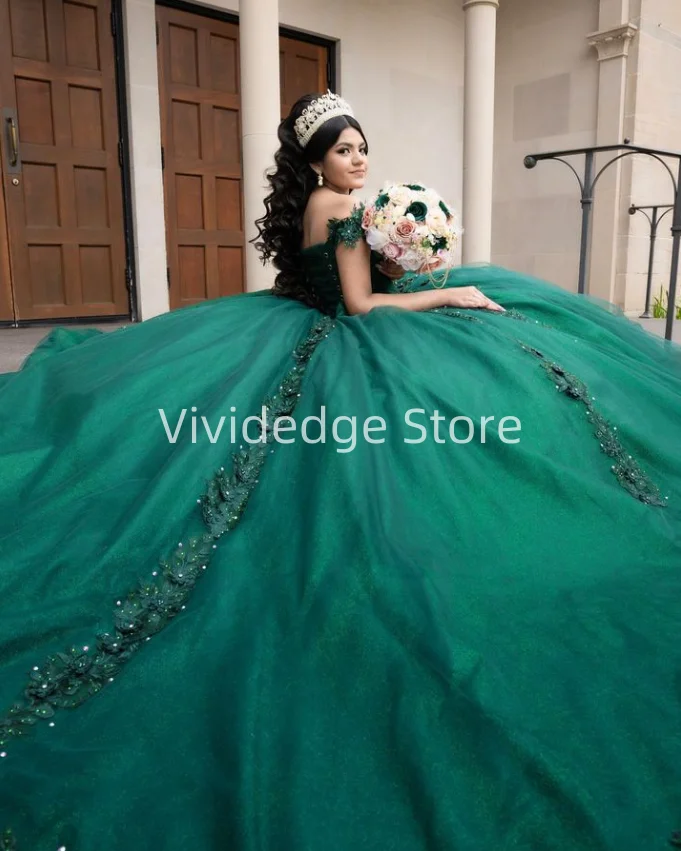 Customized  Dark Green Princess Strapless Corset Prom Dresses 15 Years Formal Quinceanera Dress Beaded Applique robes de soirée