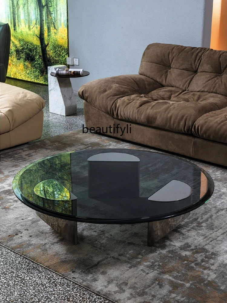 Italian Minimalist round Tea Table Creative Suspension Pier Table Villa Living Room Tempered Glass Tea Table Modern Art