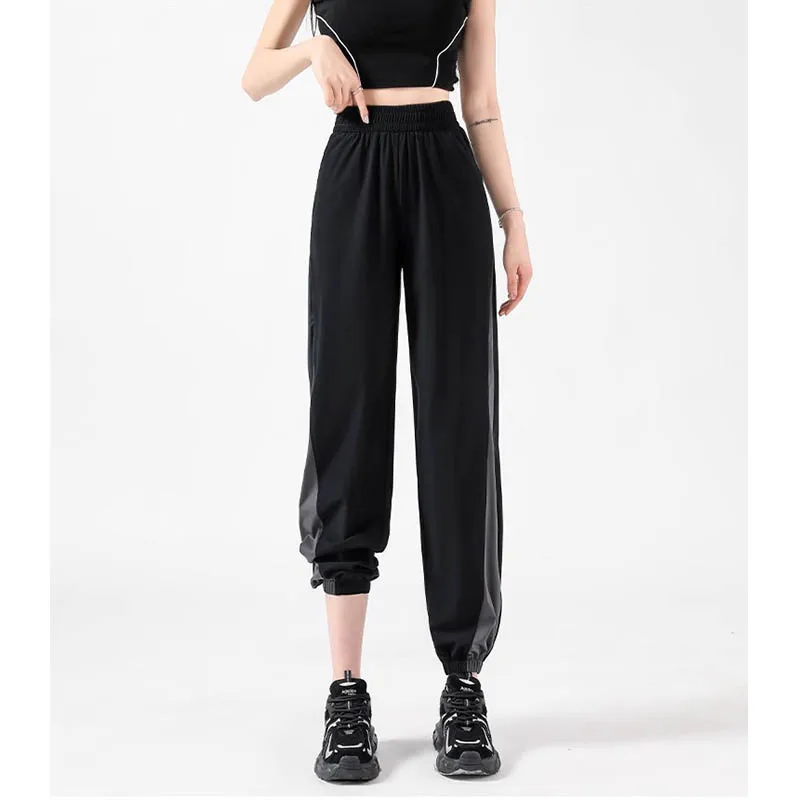 Trend patchwork sweatpants women's fall plus-size high-waisted baggy slimming ankle sweatpants pear-shaped running pants