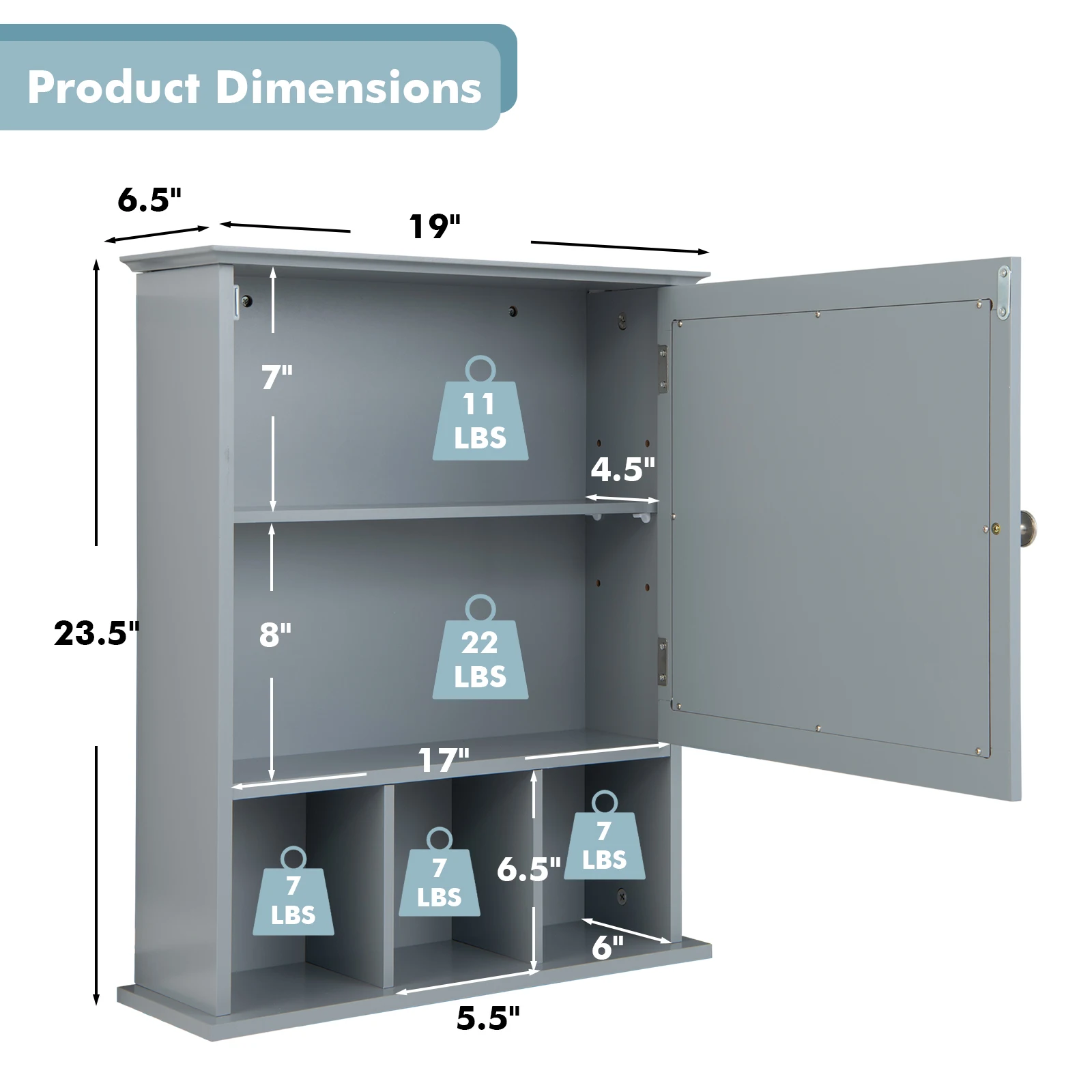 Mirrored Medicine Cabinet Bathroom Wall Mounted Storage W/ Adjustable Shelf Grey