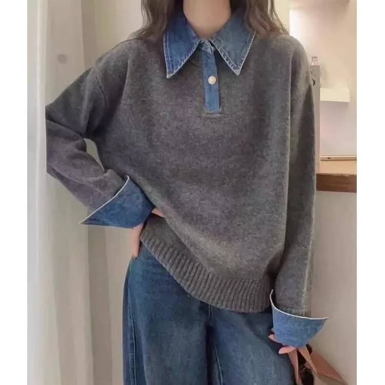 

Women's Autumn Winter Loose Collar Sweater Denim Patchwork Faionable Casual Long Sve Top Trendy Fake Two-Piece Set