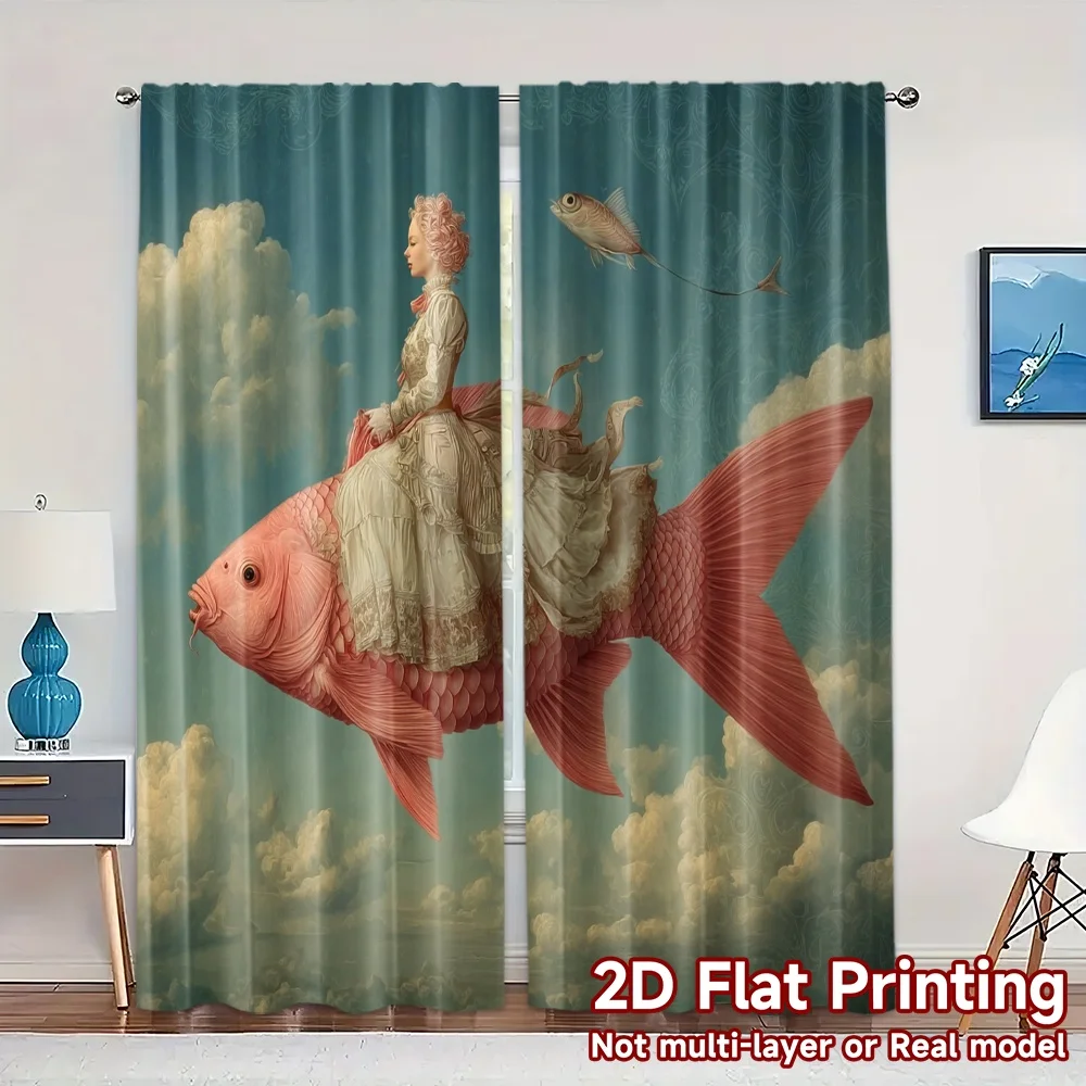 2pcs, 2D FLAT PRINTING Curtains (Without Rod) DreamyFishRide Contemporary Popular Curtains Yarn Curtains Art Deco Festive