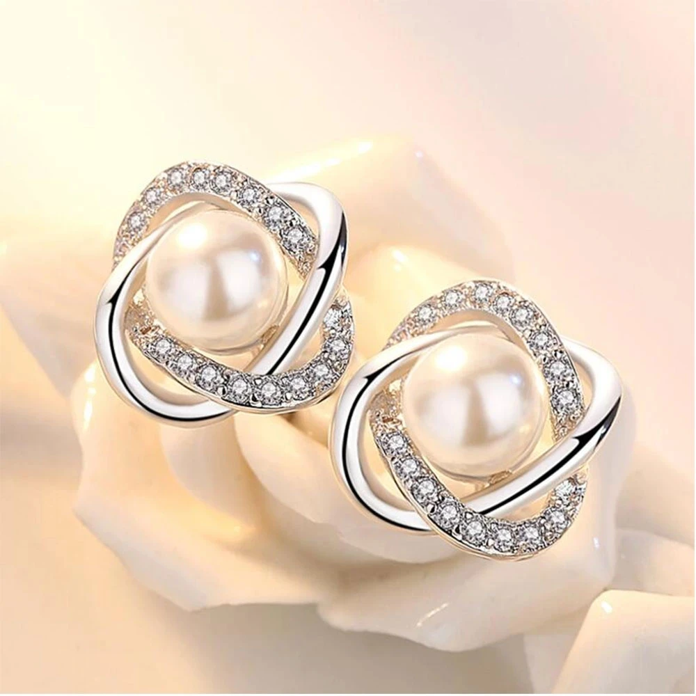 Upscale 925 Silver Needle Earrings Zircon Pearl Twist Luxury Stud Earrings for Women Brincos Pendientes Bijoux