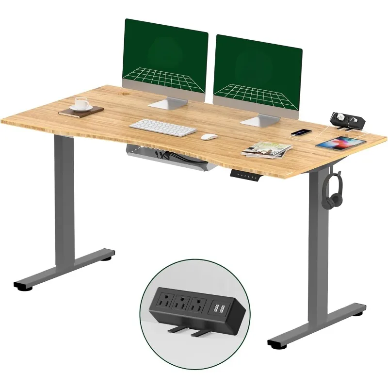 WholePiece Bamboo Standing Desk with Clamp Power Strip Electric Stand Up Height Adjustable Desk with Cable Management Grey Frame